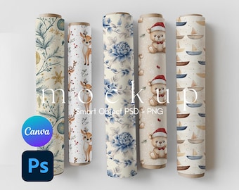 Geschenkpapierrollen-Mockup, Musterdesign-Vorlage, Designer-Vorlage, realistische Rollendarstellung, PSD Smart-Objekt und Canva PNG