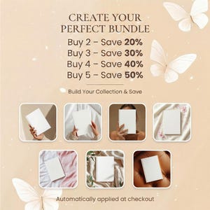 May include: Promotional image with text "CREATE YOUR PERFECT BUNDLE" and savings details. Includes images of white books, and butterfly illustrations on a light brown background. The text states savings of up to 50% when purchasing multiple items.