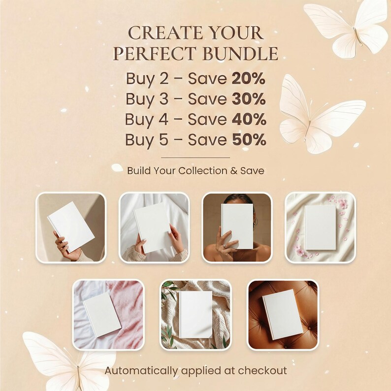 May include: Promotional image with text "CREATE YOUR PERFECT BUNDLE" and savings details. Includes images of white books, and butterfly illustrations on a light brown background. The text states savings of up to 50% when purchasing multiple items.