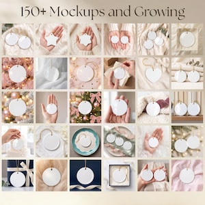 May include: A collection of white ceramic ornaments in various shapes including circles, stars, and hearts, displayed in multiple settings with gold hanging strings. The text 150+ Mockups and Growing is displayed at the top of the image.