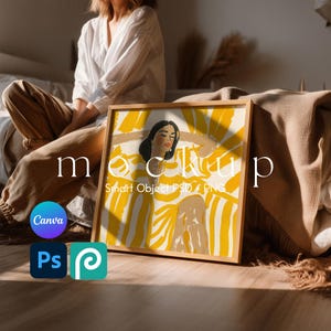 Square Frame Mockup 1x1 Art Display Wood Frame Mockup Canvas Scene Minimal Simple Canva and Photoshop Smart Object Frame Mockup