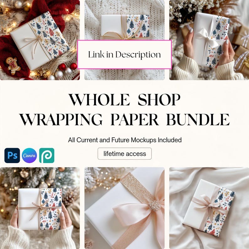 K&ouml;nnte beinhalten: Ein digitales Produktangebot f&uuml;r ein Geschenkpapier-Paket mit mehreren Geschenkboxen, die in wei&szlig;es Papier mit einem Muster aus Tannenb&auml;umen und Bl&auml;ttern eingewickelt sind, inklusive Text Link in Description und lifetime access.