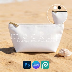 May include: A white canvas cosmetic pouch with a gold zip, featuring the text "mockup" and "Smart Object PSD + Canva Template" printed on the front. A circular inset shows a white pouch with a black zip, and three software icons are below.