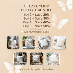 Może przedstawiać: Grafika promocyjna na jasnobeżowym tle z ilustracjami białych motyli. Tekst brzmi: CREATE YOUR PERFECT BUNDLE, Buy 2 - Save 20%, Buy 3 - Save 30%, Buy 4 - Save 40%, Buy 5 - Save 50%, Build Your Collection & Save, Automatically applied at checkout.