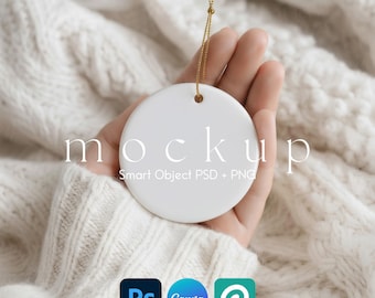 Ornament Mockup, Ceramic Wedding Ornament Mockup, Christmas Ornament Mockups, Round Ornament Smart Object PSD and Canva Mockup