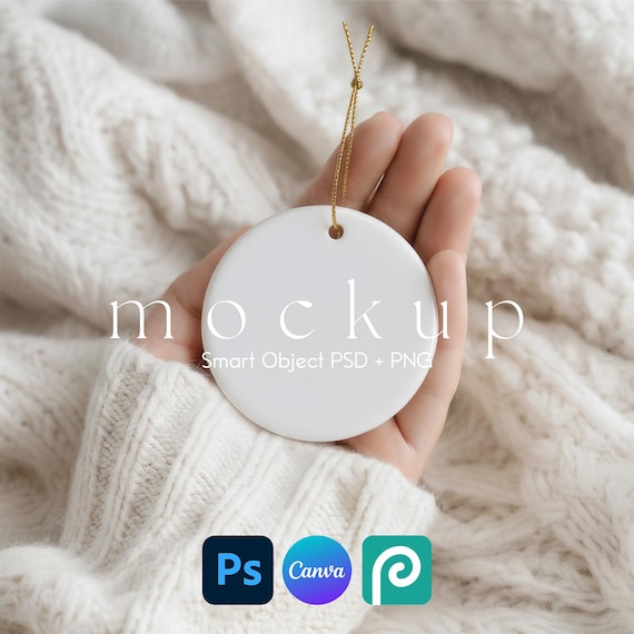 Ornament Mockup, Ceramic Wedding Ornament Mockup, Christmas Ornament Mockups, Round Ornament Smart Object PSD and Canva Mockup