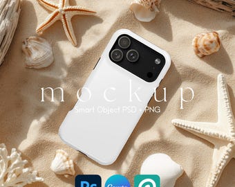 iPhone 17 Pro Max Tough Case Mockup, Beach Phone Case Mockup, Summer iPhone Case Mockup, iPhone Case Smart Object PSD and Canva PNG Mockup