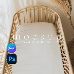 Nursery Baby Bedding Mockup, Baby Crib Sheet Mockup, Crib Sheet Mockup, Blank Baby Sheet Canva PNG and Smart Object PSD