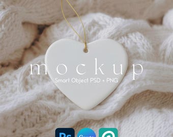 Heart Ornament Mockup, Christmas Ornament Mockups, Ornament Mockup, Ceramic Heart Ornament Mockup Smart Object PSD and Canva Mockup