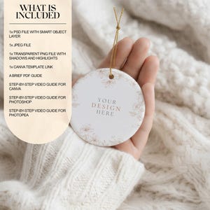 May include: A round white ceramic ornament mockup featuring a delicate floral line art border and the text YOUR DESIGN HERE. The digital product includes a PSD file, JPEG, transparent PNG, Canva template link, PDF guide, and video tutorials for software.