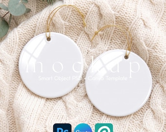 Ornament Mockup Set of 2, Ceramic Christmas Ornament PSD, Custom Ornament, Canva Template, Couple Family Ornament