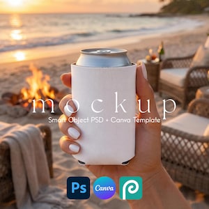 May include: A blank white beverage can cooler sleeve held in a hand. The sleeve features a smooth, solid white surface designed for custom graphics. The text 'mockup' is centered, with 'Smart Object PSD + Canva Template' printed below it.
