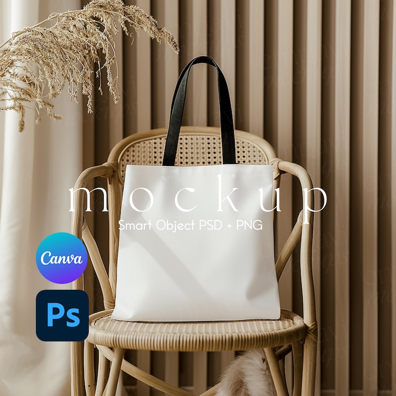 May include: White tote bag with black handles sitting on a wicker chair. The bag has the text "Mockup Smart Object PSD + PNG" printed on it.