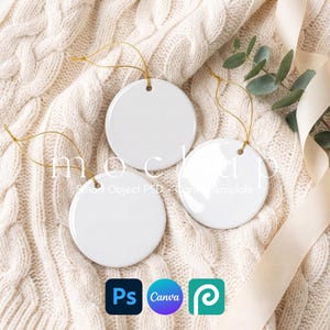 Ornament Mockup Set of 3, Family Ornament Mockup, Round Ceramic Christmas Ornament Flatlay, Matching Ornament Set, Canva PSD Mockup