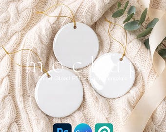 Ornament-Mockup-Set (3-teilig), Familien-Ornament-Mockup, runde Keramik-Weihnachtsornamente (Flatlay), passendes Ornament-Set, Canva PSD-Mockup