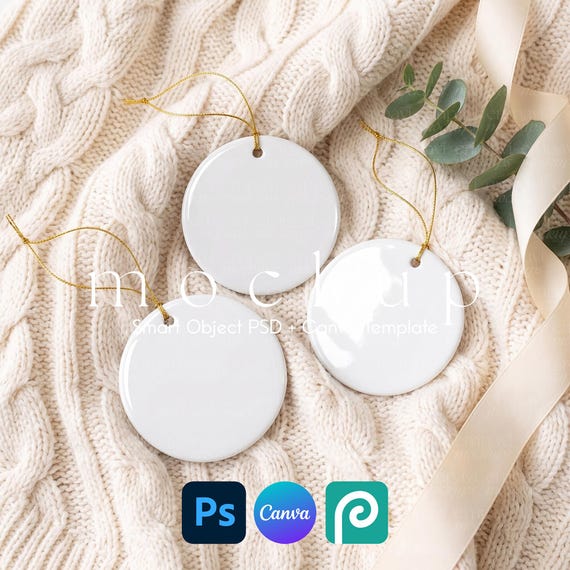 Ornament Mockup Set of 3, Family Ornament Mockup, Round Ceramic Christmas Ornament Flatlay, Matching Ornament Set, Canva PSD Mockup