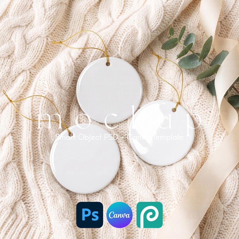 Ornament Mockup Set of 3, Family Ornament Mockup, Round Ceramic Christmas Ornament Flatlay, Matching Ornament Set, Canva PSD Mockup image 1