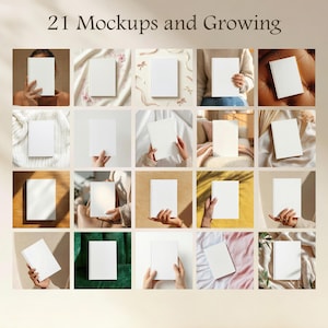 May include: A grid of 21 blank white book mockups featuring various settings, textures, and hands holding the books. The text 21 Mockups and Growing is displayed at the top. Each square showcases a different scene with neutral tones.