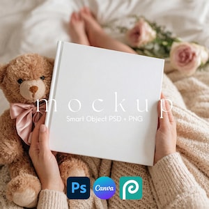 May include: A white book mockup held by a person, with the word "mockup" printed on the cover. A brown teddy bear with a pink bow sits next to the book. The image also includes the logos for Photoshop, Canva, and PicMonkey.