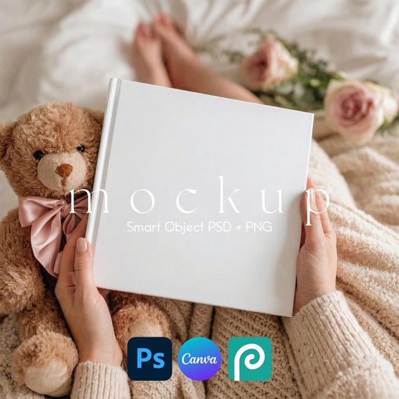 Hardcover Square Photo Book Mockup, 8x8 Square Journal PSD, Wedding Photo Book Mockup, Hardcover Book Canva Template, Guest Book PNG