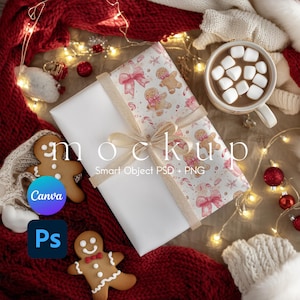 Christmas Wrapping Paper Mockup, Gift Paper Mockup, Paper Mockup, Gift Box Mockup, Wrapped Present Canva PNG and Smart Object PSD