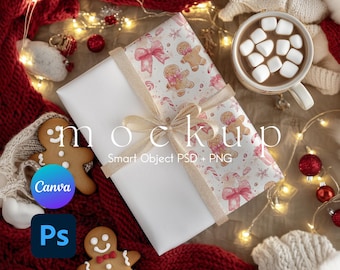 Christmas Wrapping Paper Mockup, Gift Paper Mockup, Paper Mockup, Gift Box Mockup, Wrapped Present Canva PNG and Smart Object PSD