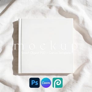May include: A square white hardcover book mockup featuring the text mockup Smart Object PSD + Canva Template centered on the cover. Below the book are three square icons representing Adobe Photoshop, Canva, and a teal logo with a white swirl.
