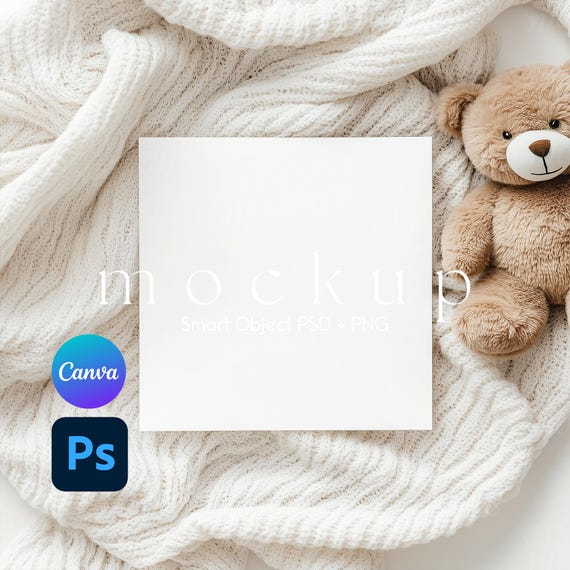 Square Card Mockup, Baby Shower Invitation Mockup, Baby Shower Mockup, Digital Invitation Mockup, Smart Object PSD and Canva PNG