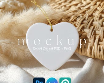 Heart Ornament Mockup, Boho Ceramic Ornament Mock Up, Print on Demand Ornament with Gold String, Canva PNG, Photoshop Smart Object PSD