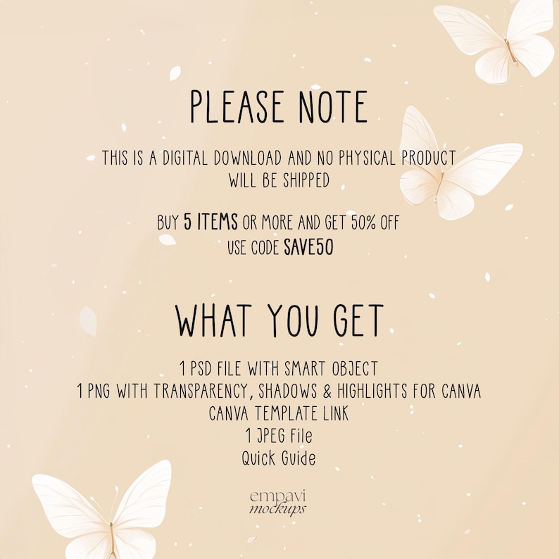 May include: A digital download advertisement with a beige background and white butterfly illustrations. Text includes "PLEASE NOTE", "WHAT YOU GET", and a discount offer with the code "SAVE50". The image lists file types included in the download.
