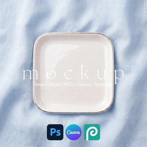 Jewelry Dish Mockup, Canva Template, Photoshop PSD Smart Object, Square Trinket Ring Dish on Blue Linen