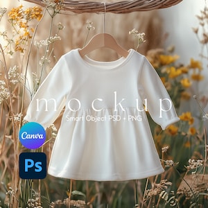 Toddler Dress Mockup, Digital Mockup for Kids&#39; All-Over Print Dresses, Child Fashion Mockup, PSD Smart Object and Canva PNG