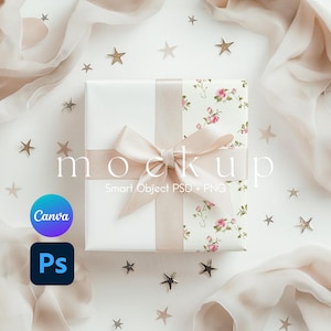 Gift Paper Mockup, Wrapping Paper Mockup, Gift Box Mockup, Present Mockup, Wrapping Paper Smart Object PSD and Canva PNG