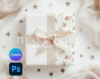 Mockup de papel de presente, mockup de papel de embrulho, mockup de caixa de presente, mockup de presente, PSD e PNG do Canva com objeto inteligente para papel de embrulho.
