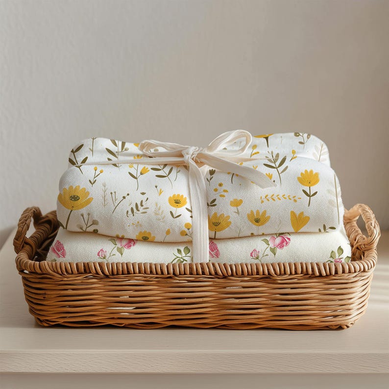 Blanket mockup featuring soft folded white blankets neatly arranged in a wicker basket and tied with a delicate ribbon. The natural light and neutral tones create a cozy, minimal, and homey aesthetic, perfect for showcasing baby blanket designs, textile branding, nursery decor, or cozy lifestyle products.