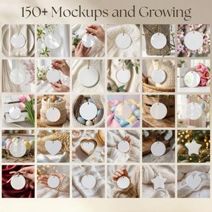 May include: A collection of white ceramic ornaments in various shapes including circles, hearts, and stars, displayed in multiple settings. The text 150+ Mockups and Growing is centred at the top of the image, showcasing blank surfaces for customisation.