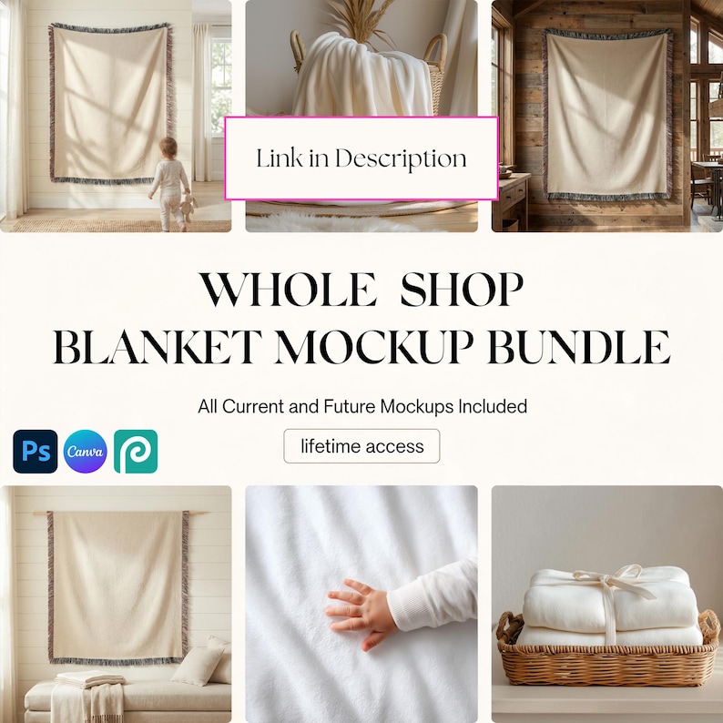 May include: A digital bundle of blanket mockups featuring various beige and white throw blankets in interior settings, including hanging displays, folded blankets in a basket, and close-up fabric textures with text reading WHOLE SHOP BLANKET MOCKUP BUNDLE.