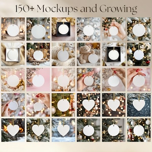 May include: A collection of 150+ blank white ceramic ornaments in round and heart shapes, displayed in various holiday settings with gold hanging strings. The text 150+ Mockups and Growing is centred at the top of the image grid.