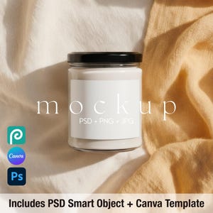 May include: A clear glass jar with a black lid and a white label. The word "mockup" is printed on the jar. The image also includes the Canva and Photoshop logos, and the text "Includes PSD Smart Object + Canva Template."