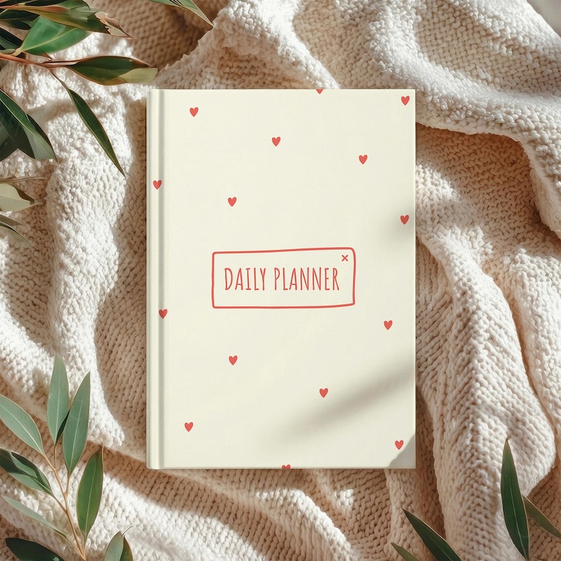 May include: A cream-colored daily planner with a repeating pattern of small red hearts. The words "DAILY PLANNER" are in a red rectangular box on the cover. The planner is resting on a cream-colored knitted blanket with green leaves in the corners.