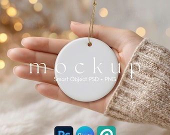 Ornament Mockup, Keramik Weihnachtsverzierung Mockup, Urlaub Ornament Mockups, Runde Weihnachtsverzierung Smart Objekt PSD und Canva Mockup