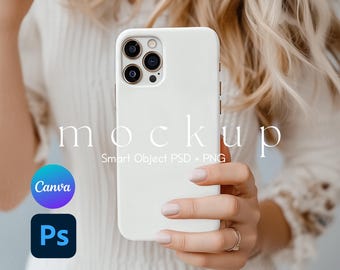 May include: A white iPhone case with a camera lens mockup. The case is being held by a person's hand. The text "mockup" is written in black on the case. The text "Smart Object PSD + PNG" is written in black below the word "mockup".