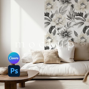 Living Room Wallpaper Mockup, Neutral Color Living Room Wallpaper Design, Interior Decor Photo Template, Canva PNG and Smart Object PSD