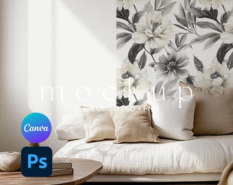 Mockup di carta da parati per soggiorno, design di carta da parati per soggiorno in colori neutri, modello fotografico per arredamento d'interni, Canva PNG e Smart Object PSD