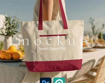 Red Boho Tote Bag Mockup Q-Tees Q1300 Zippered Canvas Tote Model Mockup Canvas Tote Bag Mock