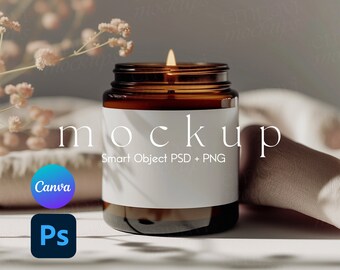 May include: A lit candle in a brown glass jar with a white label. The word "mockup" is printed on the jar. The image also includes the Canva and Photoshop logos.
