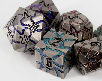 Tectonic Metal Dice Set, Heavy DnD Dice, Colourful 7 Piece Polyhedral Dice Set, Dungeons and Dragons TTRPG Gift