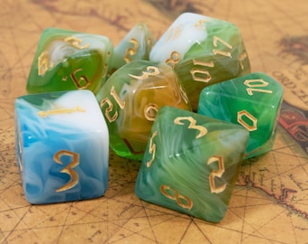 Green and Blue Swirl Dice Set, 7 Piece Polyhedral DnD Dice, Acrylic Dungeons and Dragons Dice Set, Tabletop Gamer Gift