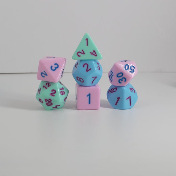 Pastel Colours Dice Set, 7 Piece Polyhedral DnD Dice, Green/Blue/Pink Mixed Dice, Dungeons and Dragons Acrylic Dice Gift