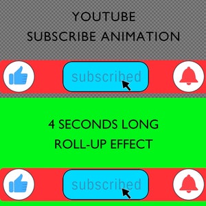 Youtube Roll-out Roll-up Subscribe Animation overlay with animated like button, subscribe button and notification bell.